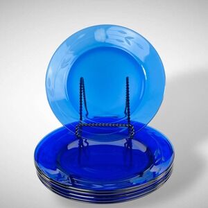 Princess House Heritage Blue Glass 8 Inch Salad Plates Set of 6 Vintage 1974
